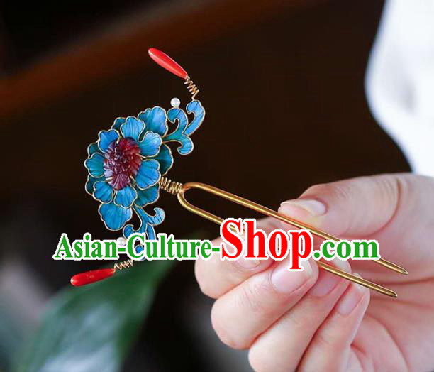 Chinese Traditional Hair Jewelry Handmade Qing Dynasty Empress Blueing Peony Hairpin