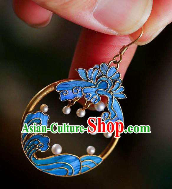 Handmade China Blueing Lotus Ear Jewelry Accessories Traditional Cheongsam Pearls Earrings