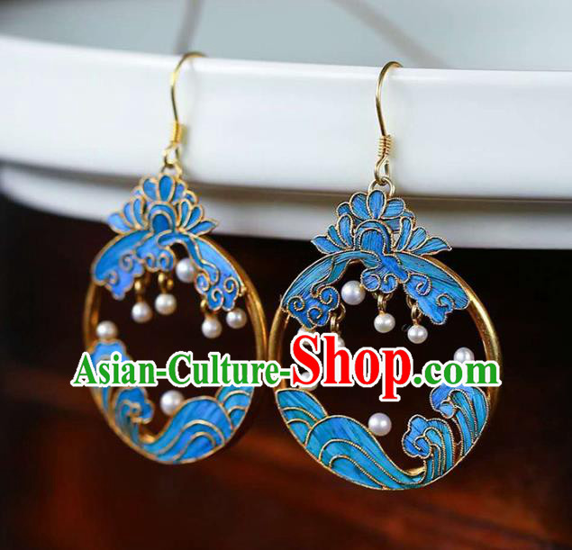 Handmade China Blueing Lotus Ear Jewelry Accessories Traditional Cheongsam Pearls Earrings