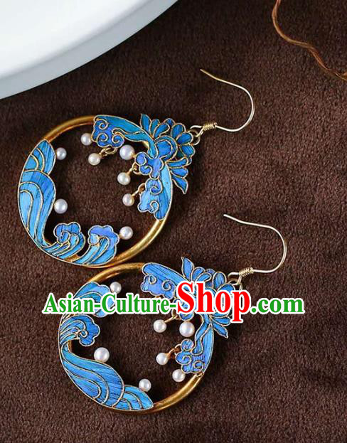 Handmade China Blueing Lotus Ear Jewelry Accessories Traditional Cheongsam Pearls Earrings