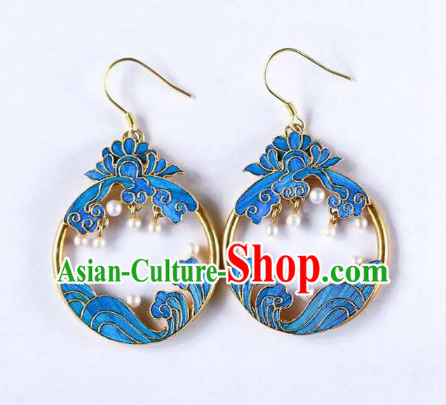 Handmade China Blueing Lotus Ear Jewelry Accessories Traditional Cheongsam Pearls Earrings