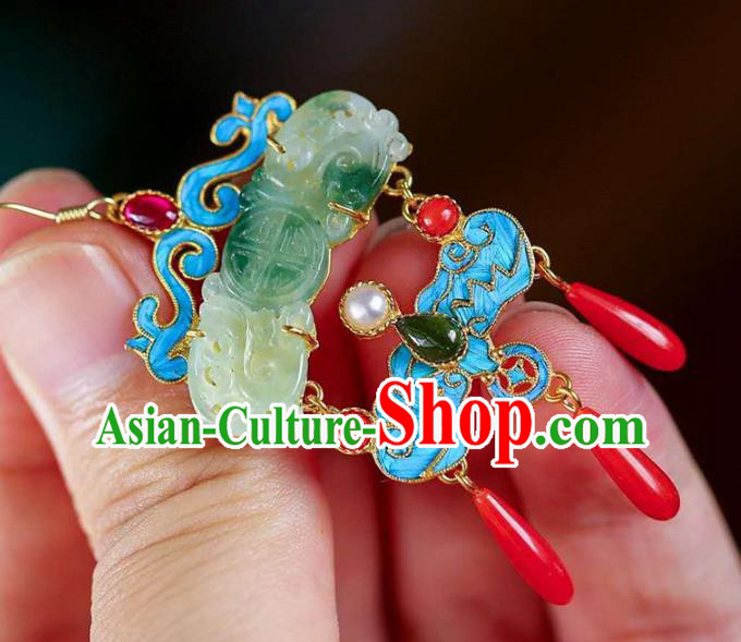 Handmade China Qing Dynasty Palace Ear Jewelry Accessories Traditional Cheongsam Blueing Jade Earrings