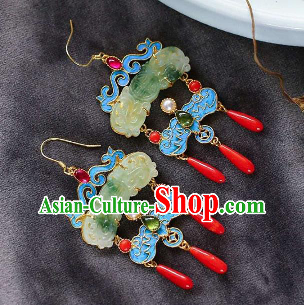 Handmade China Qing Dynasty Palace Ear Jewelry Accessories Traditional Cheongsam Blueing Jade Earrings