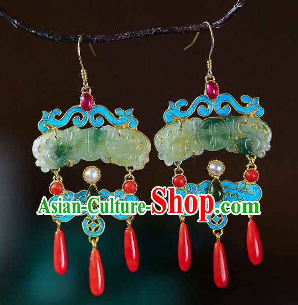 Handmade China Qing Dynasty Palace Ear Jewelry Accessories Traditional Cheongsam Blueing Jade Earrings