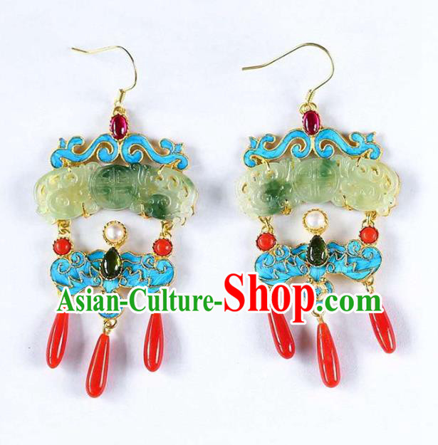 Handmade China Qing Dynasty Palace Ear Jewelry Accessories Traditional Cheongsam Blueing Jade Earrings