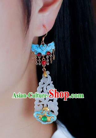 Handmade China Qing Dynasty Jade Ear Jewelry Accessories Traditional Cheongsam Blueing Bat Earrings