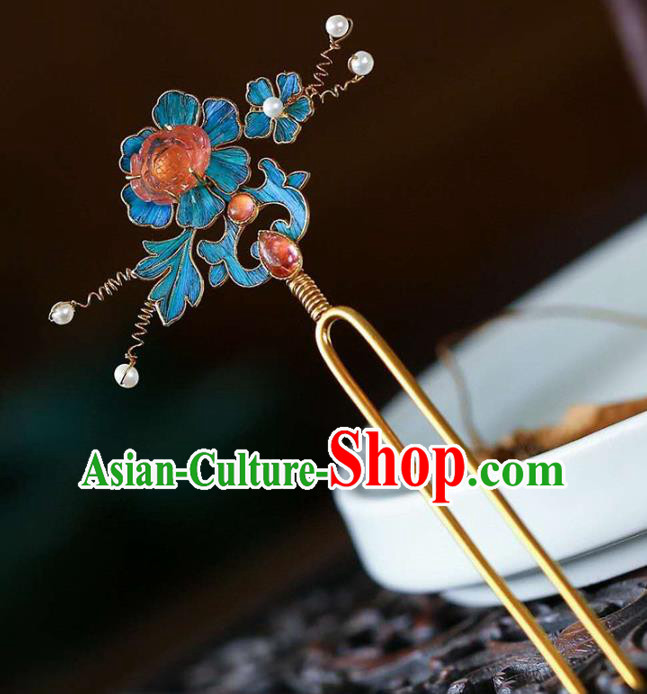 Chinese Traditional Blueing Peony Hair Jewelry Handmade Qing Dynasty Empress Tourmaline Hairpin