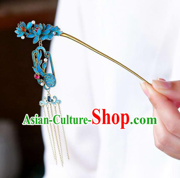 Chinese Traditional Qing Dynasty Blueing Lotus Hair Jewelry Handmade Ancient Empress Tassel Hairpin