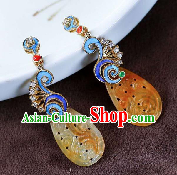 Handmade China Qing Dynasty Yellow Jadeite Ear Jewelry Accessories Traditional Cheongsam Cloisonne Earrings