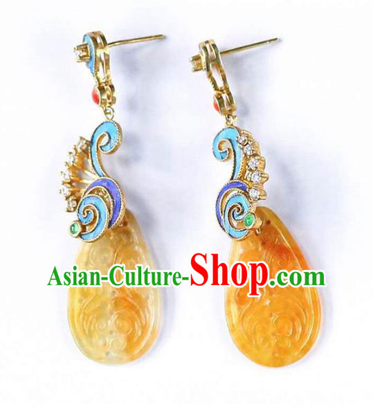 Handmade China Qing Dynasty Yellow Jadeite Ear Jewelry Accessories Traditional Cheongsam Cloisonne Earrings