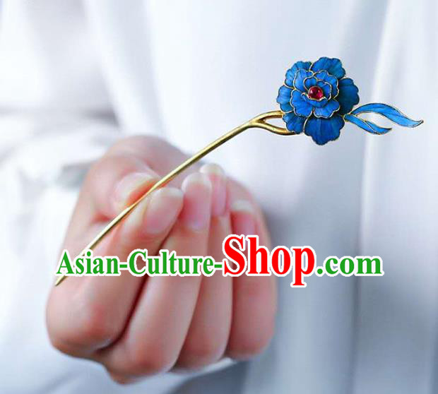 Chinese Traditional Qing Dynasty Tourmaline Hair Jewelry Handmade Ancient Empress Blue Peony Hairpin