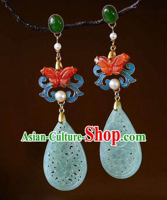 Handmade China Red Butterfly Ear Jewelry Accessories Traditional Cheongsam Jade Carving Earrings