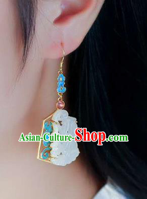 Handmade China Tourmaline Ear Jewelry Accessories Traditional Cheongsam White Jade Carving Earrings