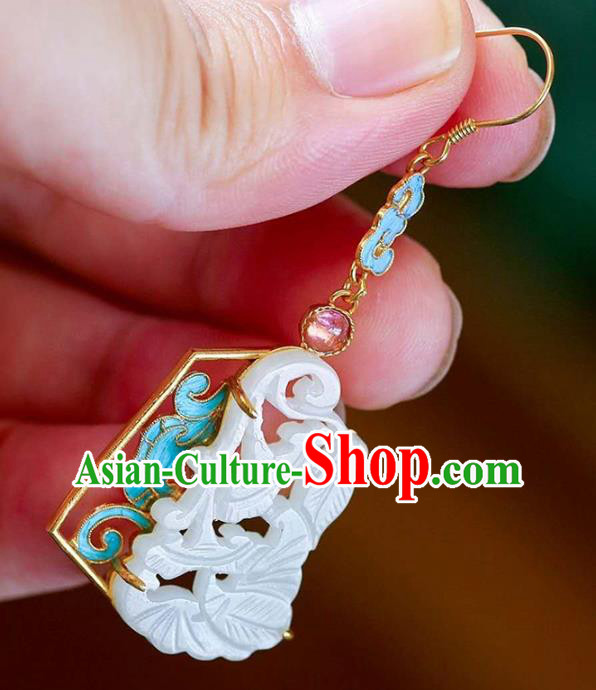 Handmade China Tourmaline Ear Jewelry Accessories Traditional Cheongsam White Jade Carving Earrings