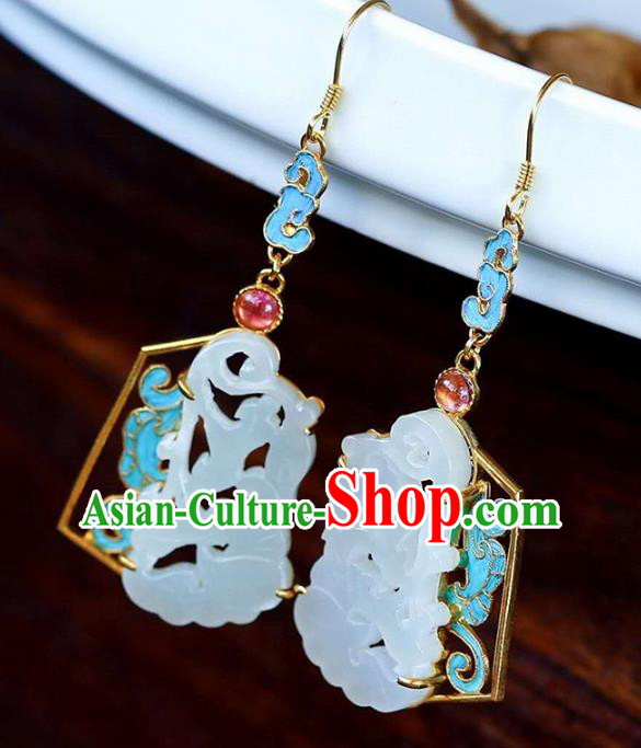 Handmade China Tourmaline Ear Jewelry Accessories Traditional Cheongsam White Jade Carving Earrings