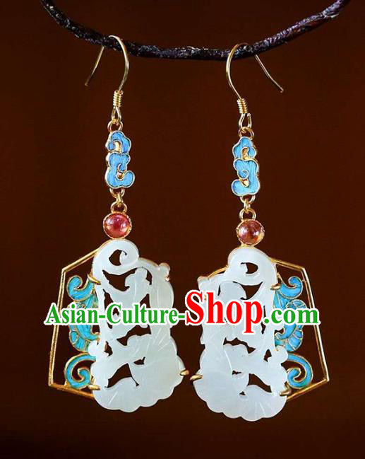 Handmade China Tourmaline Ear Jewelry Accessories Traditional Cheongsam White Jade Carving Earrings