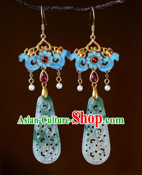 Handmade China Traditional Cheongsam Cloisonne Earrings Jade Jewelry Ear Accessories