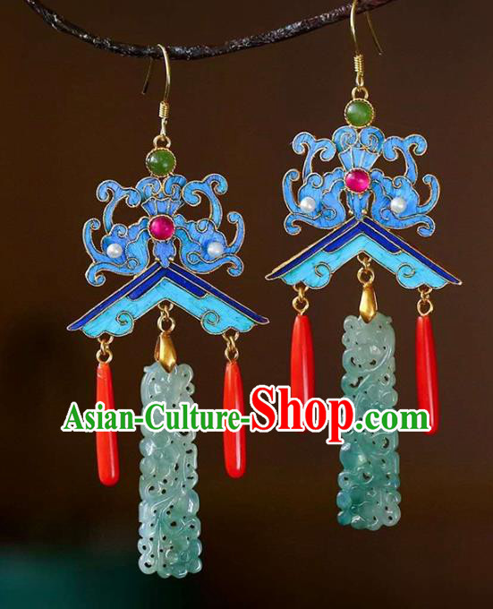 Handmade China Pearls Accessories Traditional Cheongsam Jade Eardrop Blueing Bat Earrings Jewelry