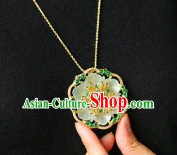 Chinese National Classical Jade Carving Flower Necklace Accessories Handmade Golden Necklet Pendant