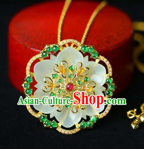 Chinese National Classical Jade Carving Flower Necklace Accessories Handmade Golden Necklet Pendant