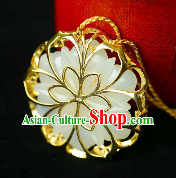 Chinese National Classical Jade Carving Flower Necklace Accessories Handmade Golden Necklet Pendant