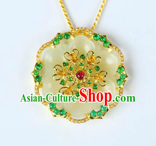Chinese National Classical Jade Carving Flower Necklace Accessories Handmade Golden Necklet Pendant