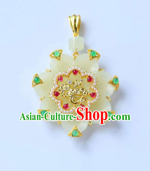 Chinese National Classical Pearls Necklace Accessories Handmade Jade Flower Golden Necklet Pendant