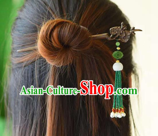 Chinese Traditional Green Beads Tassel Hairpin Handmade Ebony Carving Plum Hair Accessories