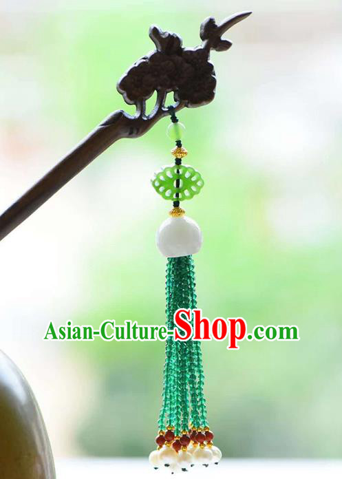 Chinese Traditional Green Beads Tassel Hairpin Handmade Ebony Carving Plum Hair Accessories