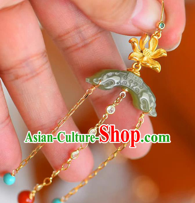 Handmade China Golden Lotus Eardrop National Jewelry Accessories Traditional Cheongsam Jade Moon Earrings
