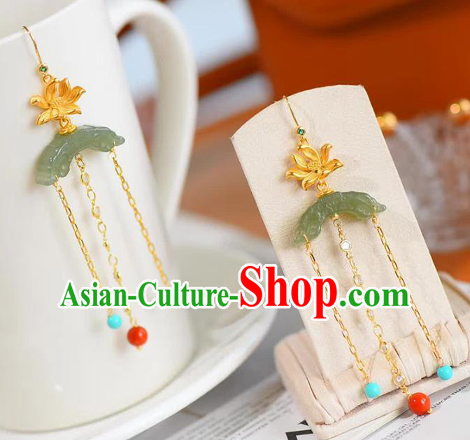 Handmade China Golden Lotus Eardrop National Jewelry Accessories Traditional Cheongsam Jade Moon Earrings