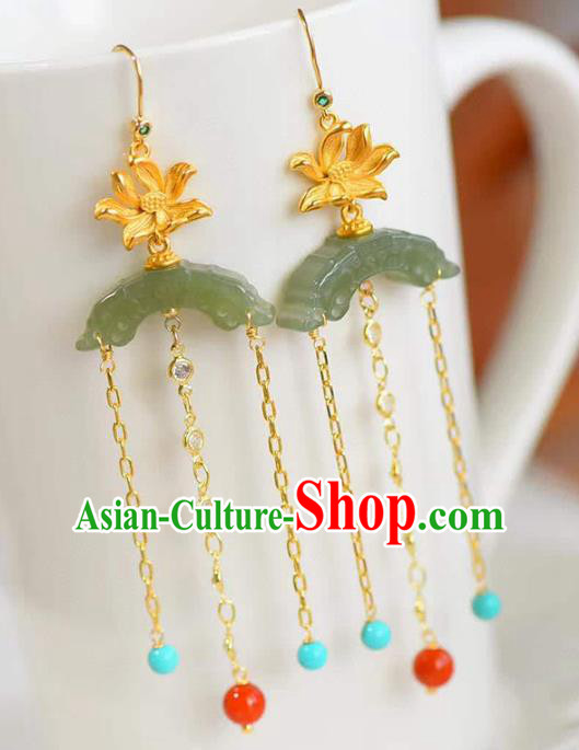 Handmade China Golden Lotus Eardrop National Jewelry Accessories Traditional Cheongsam Jade Moon Earrings