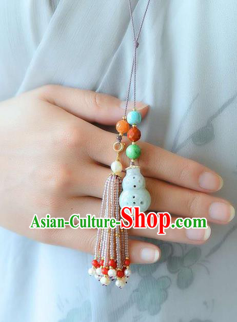 Chinese National Classical Jade Carving Gourd Necklace Accessories Handmade Pearls Tassel Necklet Pendant
