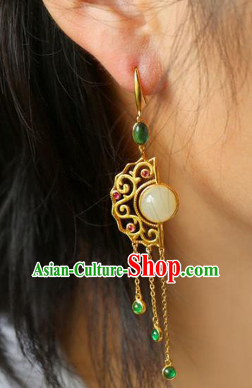 Handmade China National Jewelry Accessories Traditional Cheongsam Jade Earrings Chrysoprase Tassel Eardrop