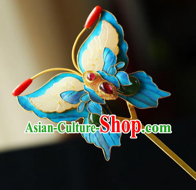 Chinese Traditional Jade Butterfly Hairpin Handmade Ancient Qing Dynasty Court Hair Accessories