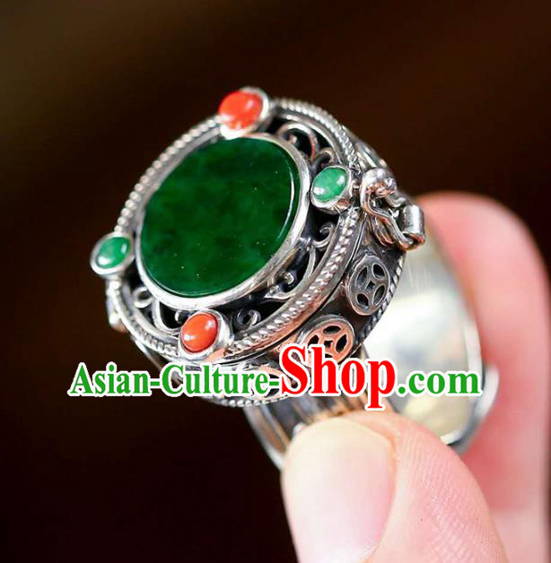 Chinese National Silver Ring Jewelry Traditional Handmade Jadeite Circlet Accessories