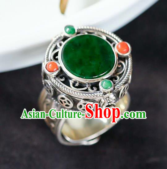 Chinese National Silver Ring Jewelry Traditional Handmade Jadeite Circlet Accessories