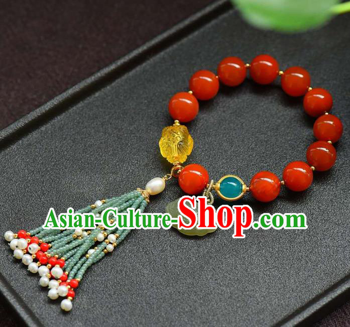 China Handmade Beads Tassel Bracelet Traditional Jewelry Accessories National Beeswax Lotus Agate Bangle