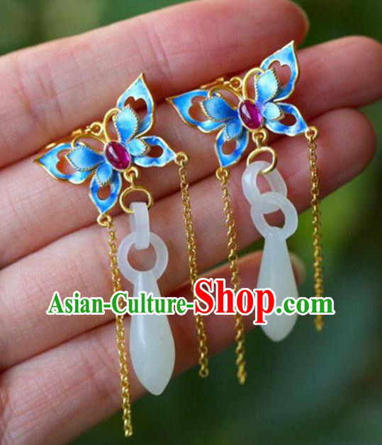 Handmade China Blueing Butterfly Eardrop Accessories Traditional Jewelry National Cheongsam Jade Vase Earrings