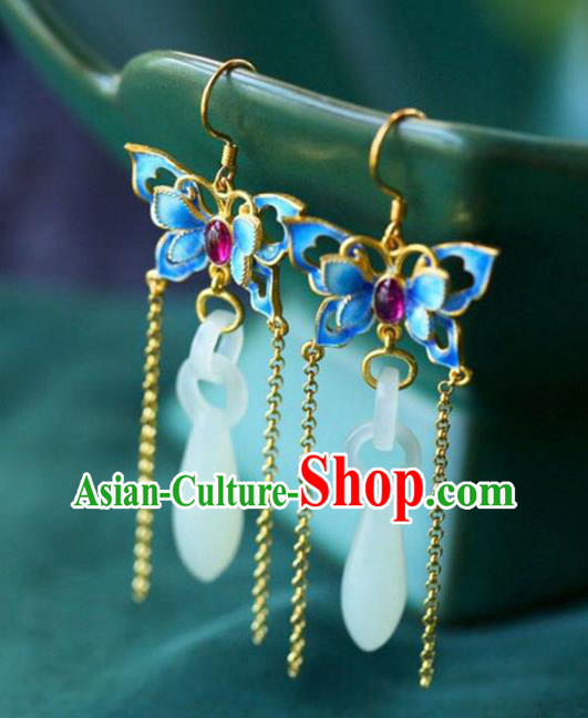 Handmade China Blueing Butterfly Eardrop Accessories Traditional Jewelry National Cheongsam Jade Vase Earrings