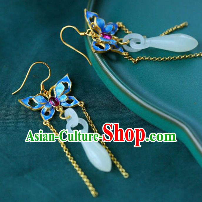 Handmade China Blueing Butterfly Eardrop Accessories Traditional Jewelry National Cheongsam Jade Vase Earrings