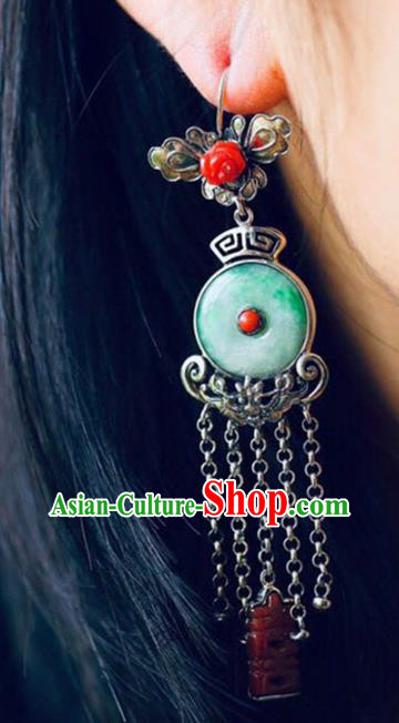 Handmade China Wedding Eardrop Accessories Traditional Jade Jewelry National Cheongsam Silver Tassel Earrings