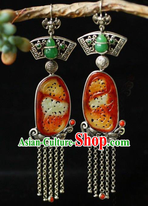 Handmade China Wedding Silver Tassel Eardrop Accessories Traditional Jade Jewelry National Cheongsam Gourd Earrings