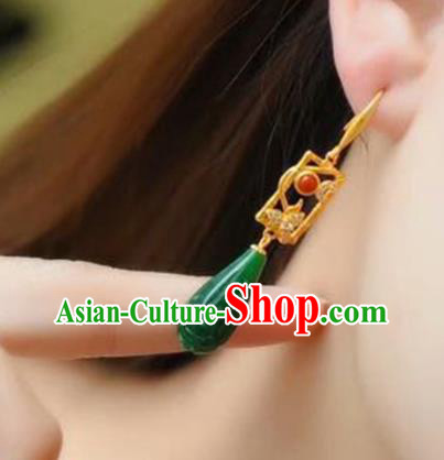 Handmade China Golden Eardrop Accessories National Cheongsam Earrings Traditional Jade Jewelry