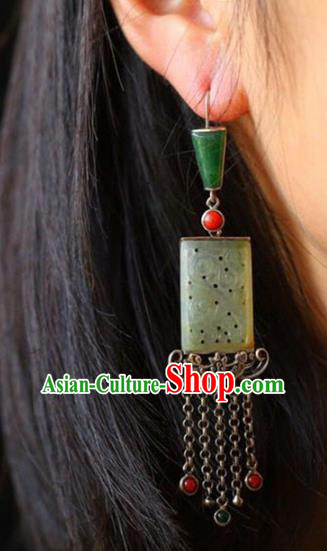 Handmade China National Cheongsam Earrings Wedding Silver Tassel Eardrop Accessories Traditional Jade Jewelry