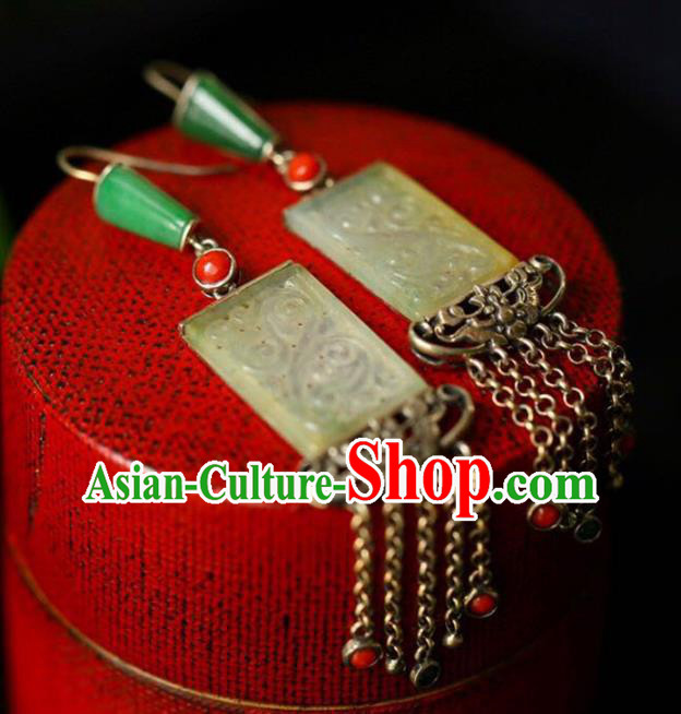 Handmade China National Cheongsam Earrings Wedding Silver Tassel Eardrop Accessories Traditional Jade Jewelry