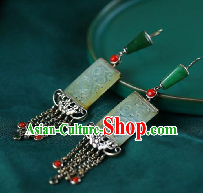Handmade China National Cheongsam Earrings Wedding Silver Tassel Eardrop Accessories Traditional Jade Jewelry