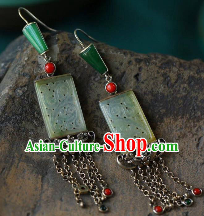 Handmade China National Cheongsam Earrings Wedding Silver Tassel Eardrop Accessories Traditional Jade Jewelry
