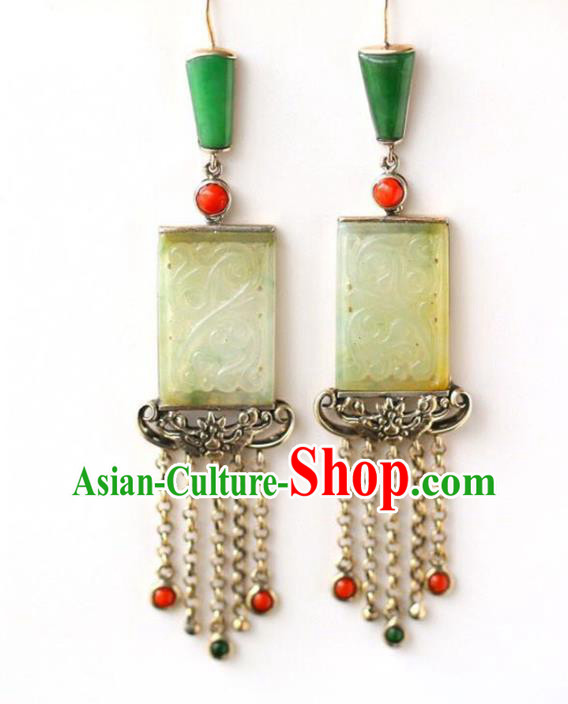 Handmade China National Cheongsam Earrings Wedding Silver Tassel Eardrop Accessories Traditional Jade Jewelry