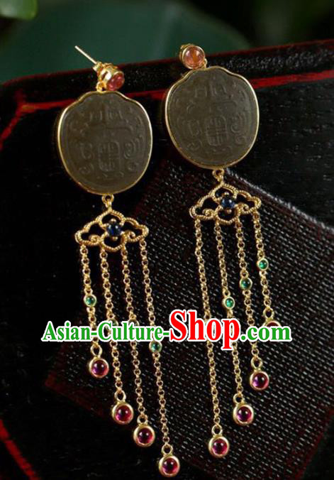 Handmade China Tourmaline Tassel Eardrop Accessories Traditional Jade Jewelry National Cheongsam Earrings